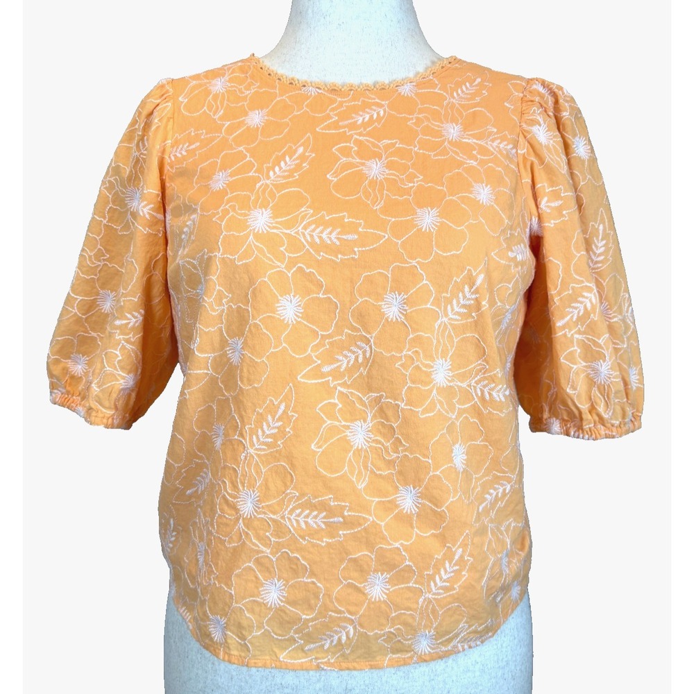 LOFT Orange Floral Embroidered Puff Sleeve Open Back Top Small Bohemian